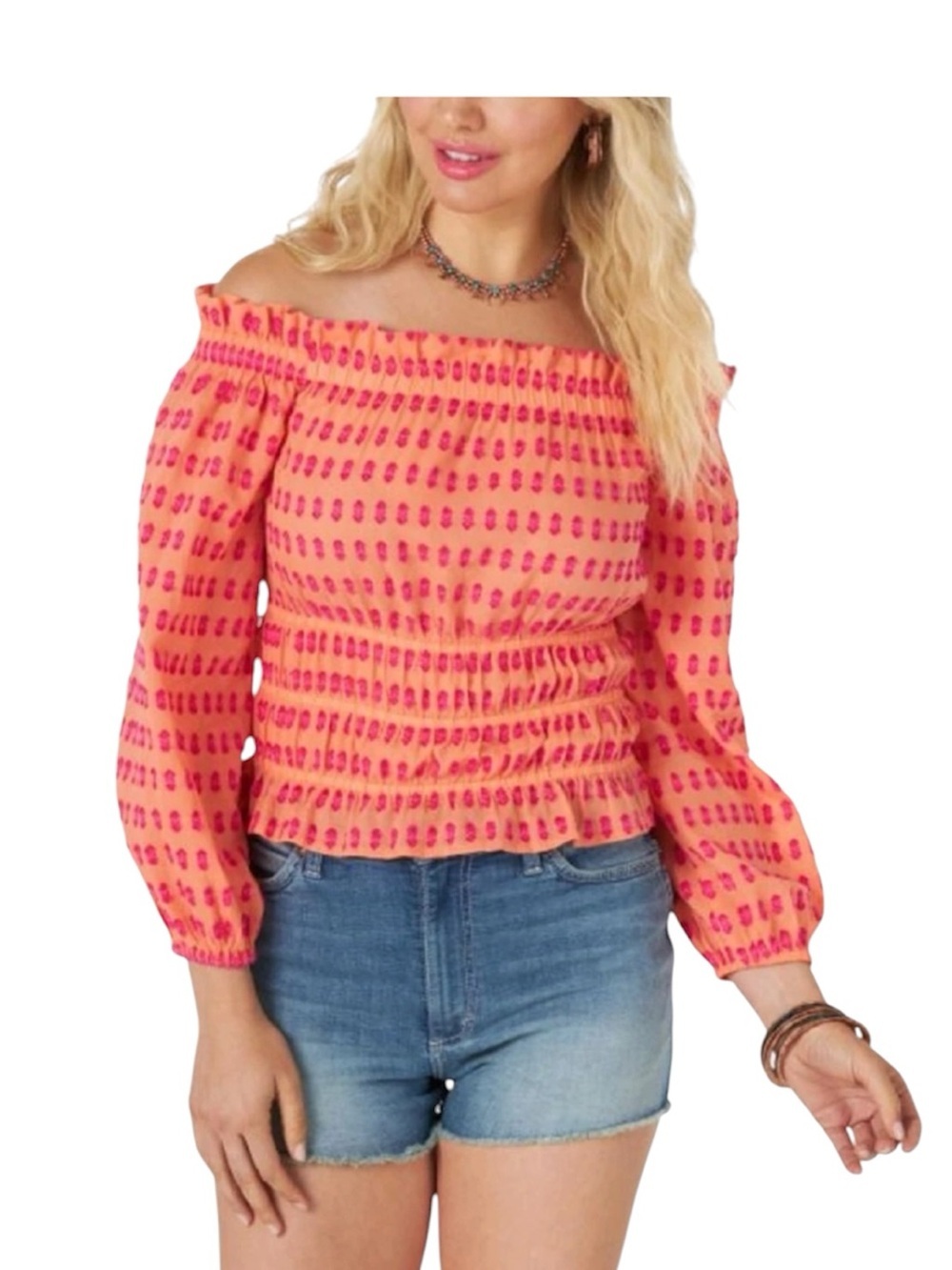 Wrangler retro orange pink cotton off shoulder blouson sleeve top medium